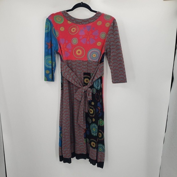 Pure Vida Small Knit Tie Back Dress Boho Peasant Patchwork Geometric V Neck - Picture 14 of 15